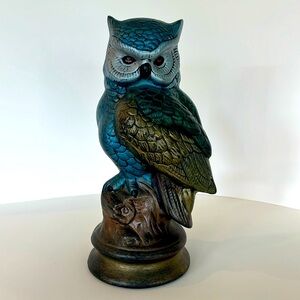 Vintage Byron Molds Blue, Green and Bronze Ceramic Owl Sculpture